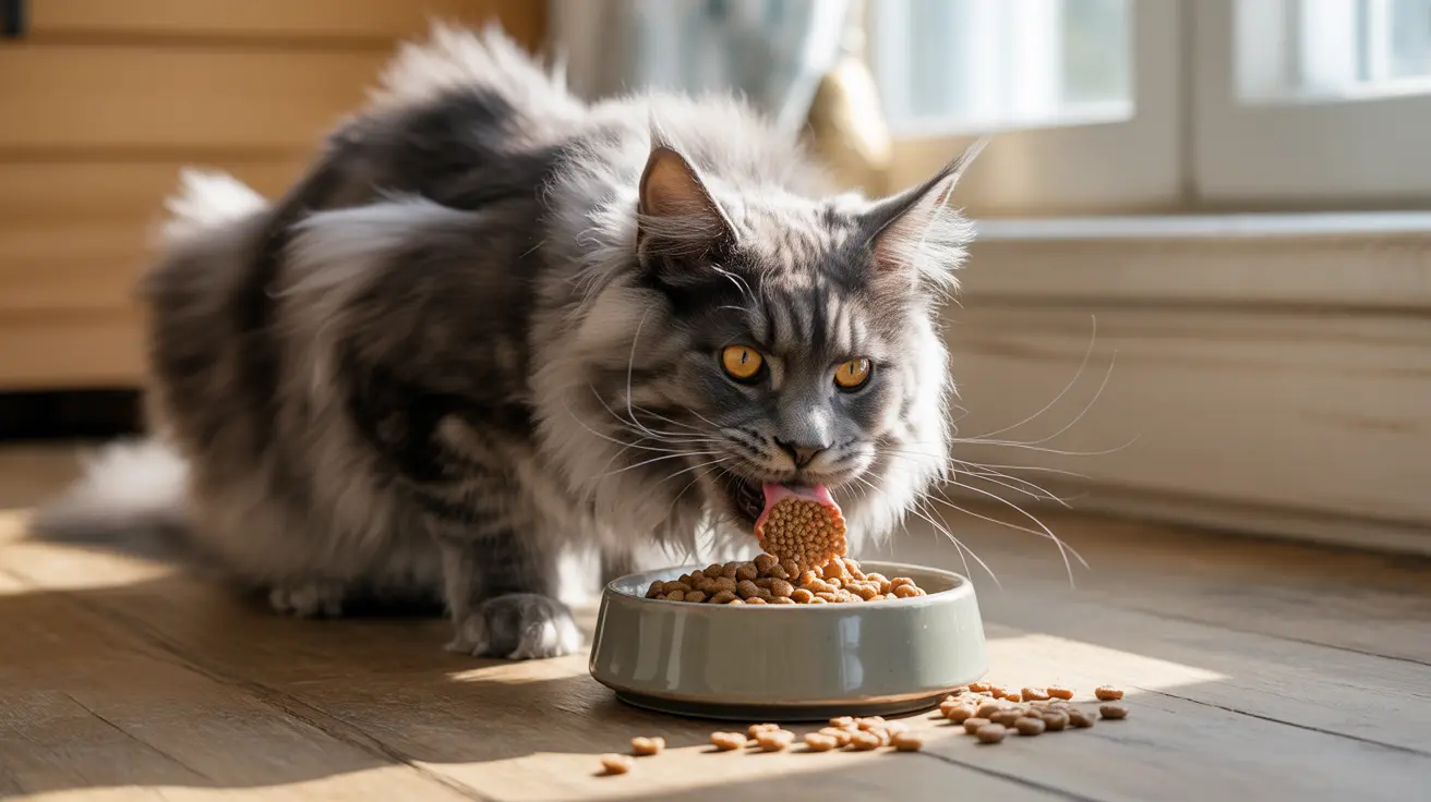 A large, fluffy Maine Coon cat eating dry cat food from a gray bowl near a window