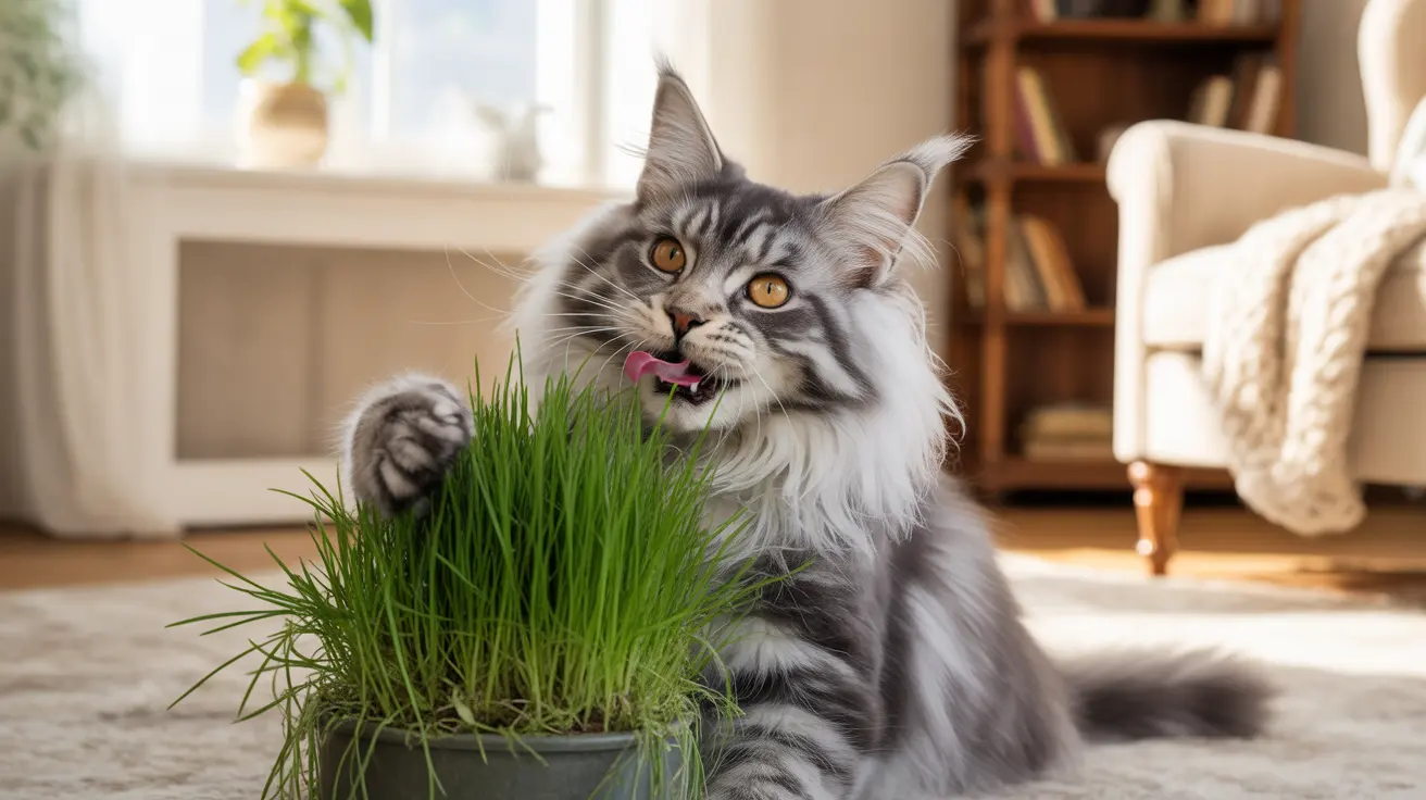 Fluffy Maine Coon cat eating grass from a potted plant on a soft carpet near a window