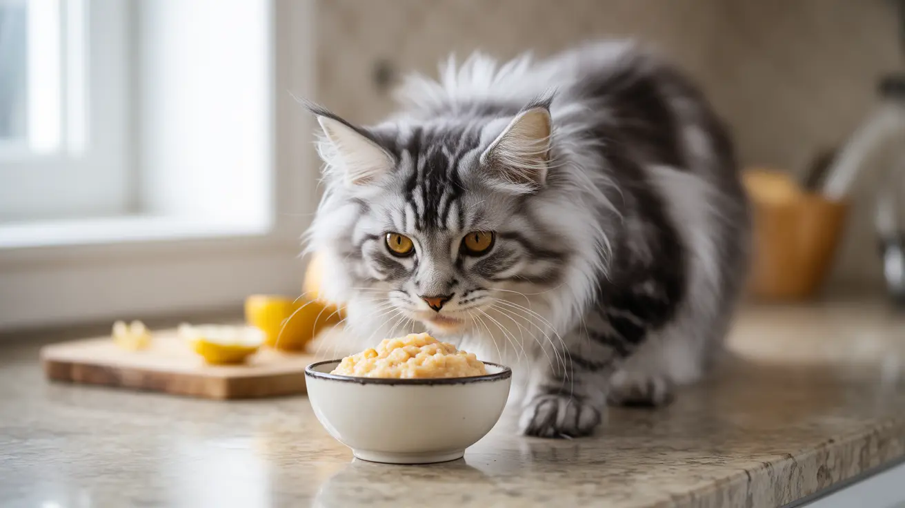 A fluffy Maine Coon cat eating from a bowl of yellow food near a window
