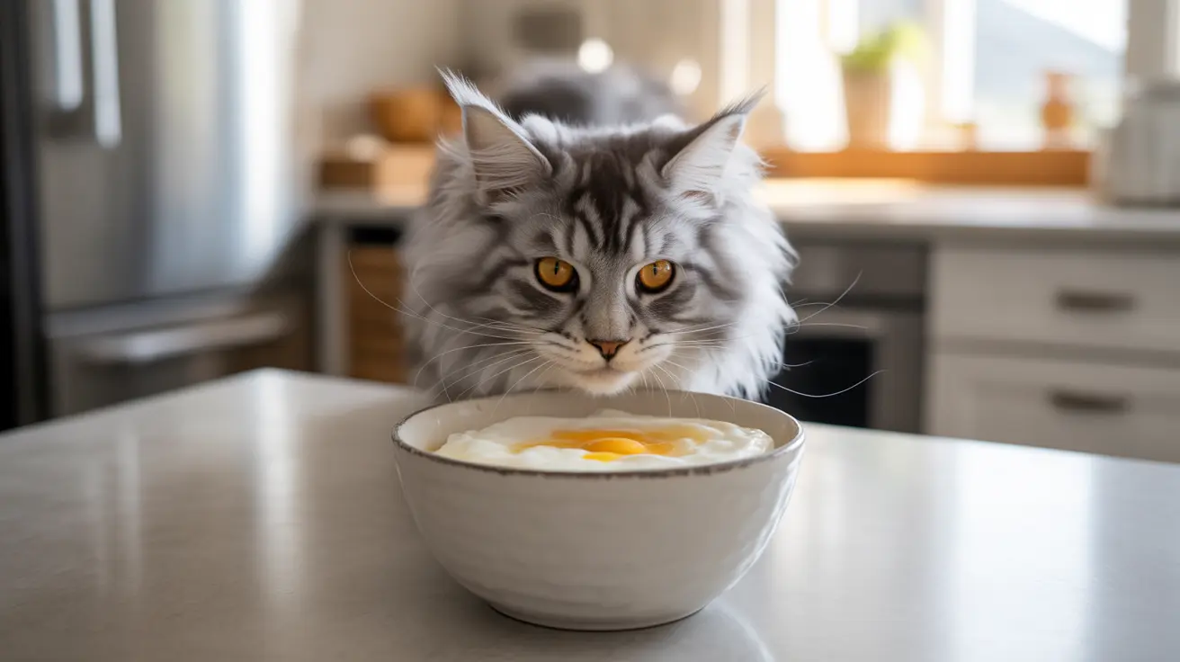 A fluffy Maine Coon cat sitting intently next to a bowl of eggs in a kitchen setting