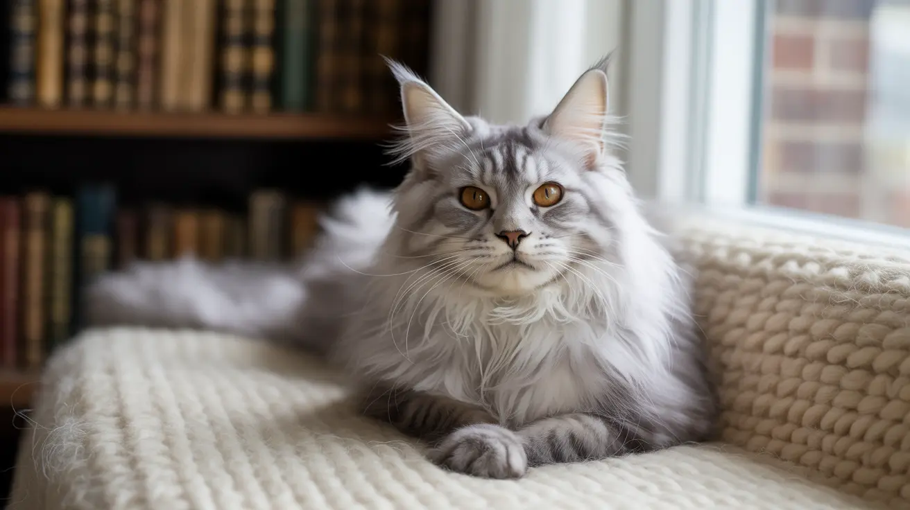 Majestic long-haired Maine Coon cat sitting elegantly on a textured cream-colored blanket near a window
