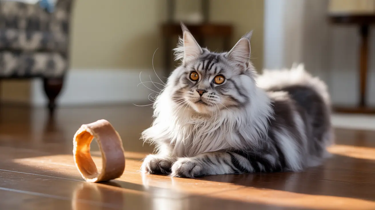 Majestic Maine Coon cat sitting elegantly on a wooden floor next to a curved object