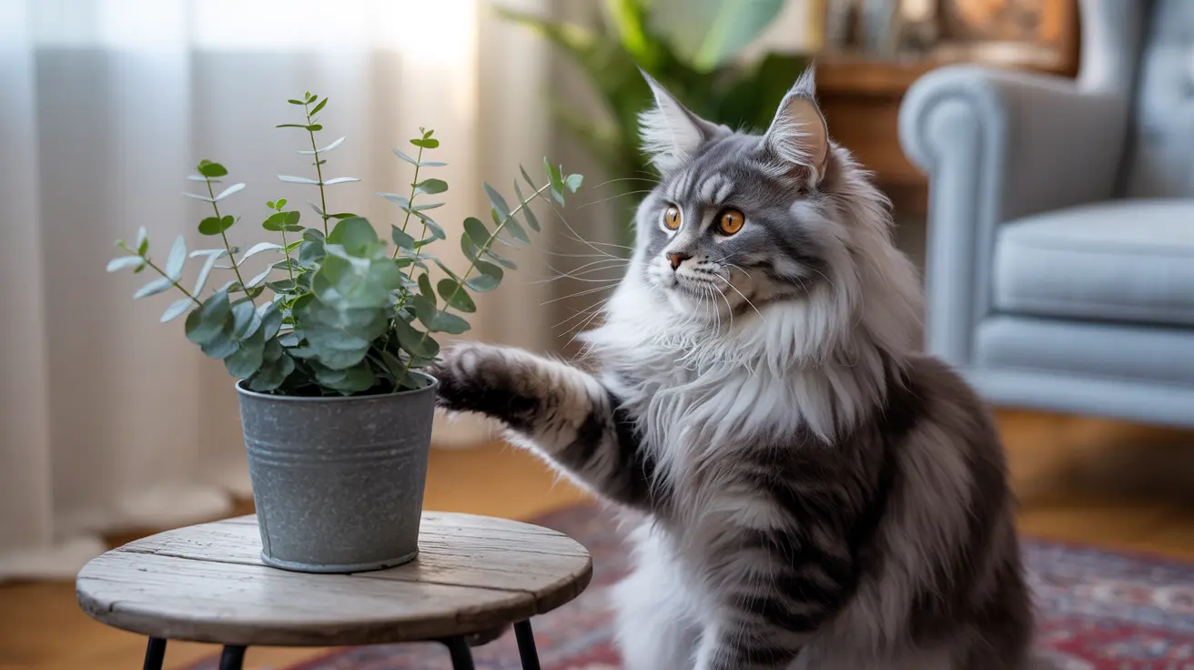 A fluffy Maine Coon cat reaching out towards a potted eucalyptus plant on a small wooden side table.