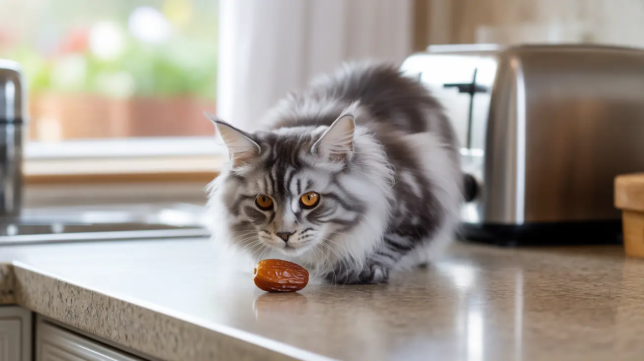 A fluffy Maine Coon cat curiously examining a date on a kitchen countertop