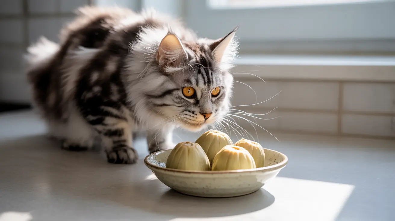 A fluffy gray and white Maine Coon cat curiously examining a bowl of light-colored fruits near a window