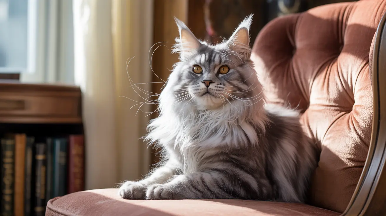 A majestic Maine Coon cat sitting regally on a plush armchair near a bookshelf