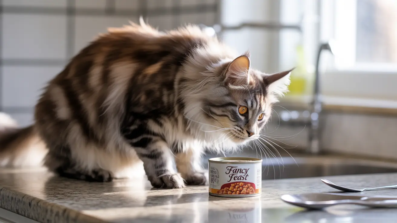 A fluffy Maine Coon cat sitting on a kitchen counter next to a can of Fancy Feast cat food