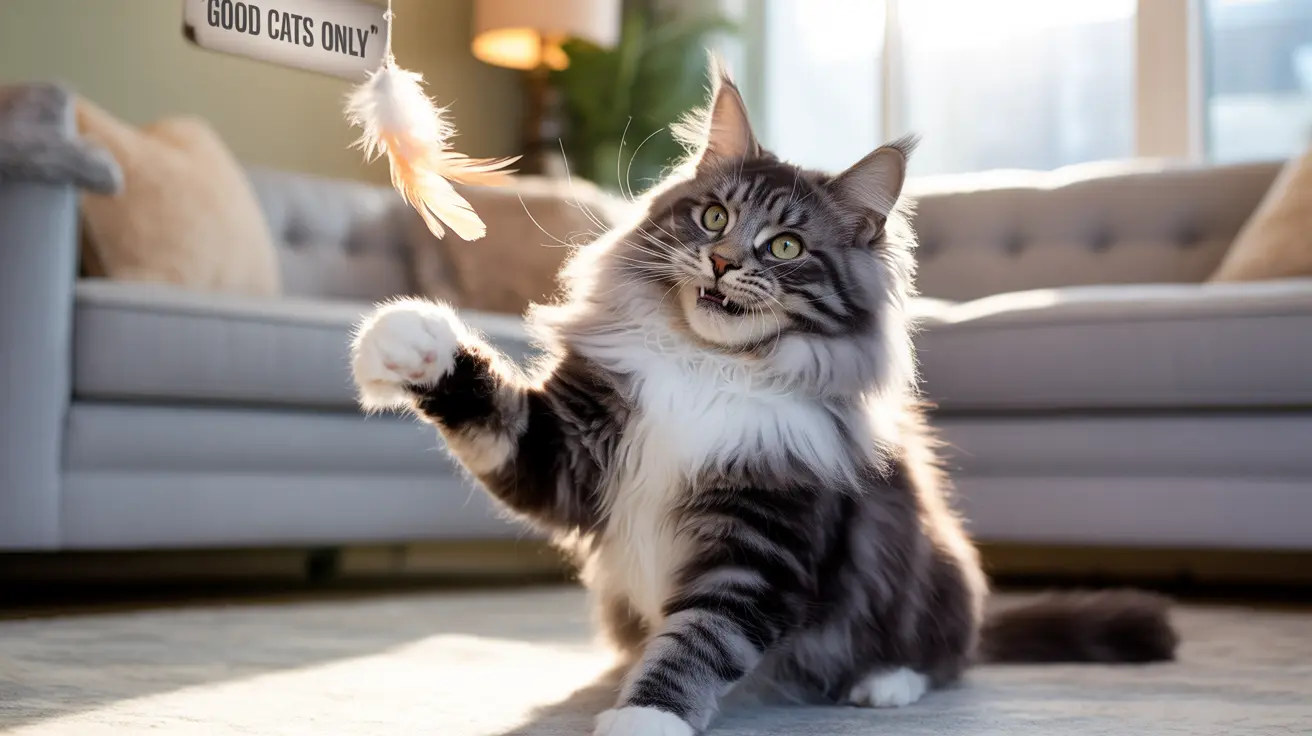 ふわふわのメインクーンの猫が集中した表情で羽のおもちゃを前足で叩いて遊んでいる様子
