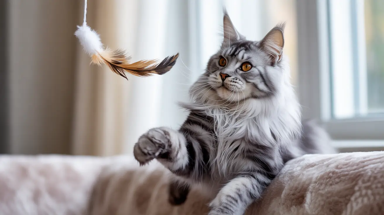 窓辺で羽のおもちゃにじゃれて遊ぶ、威厳あるメインクーン猫の様子