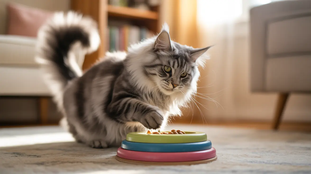 A gray and white Maine Coon cat sitting near a colorful multi-level feeding dish with food