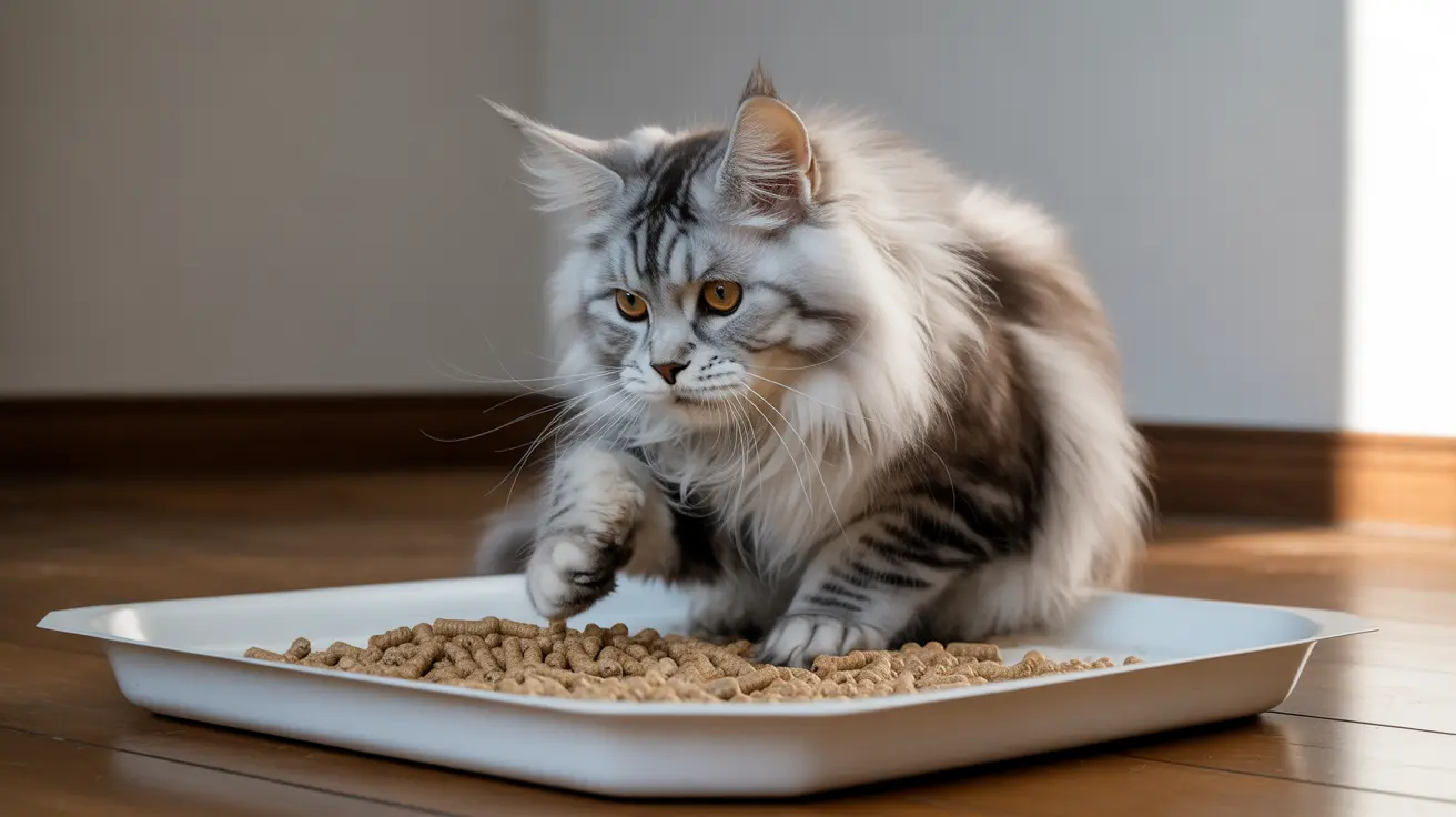 A fluffy Maine Coon cat sitting in a large white feeding tray filled with dry cat food