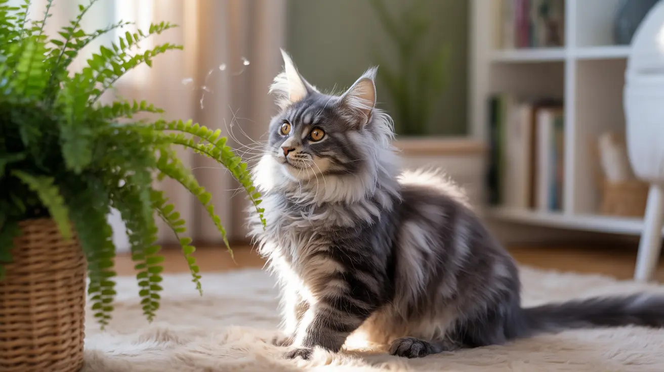 A majestic Maine Coon cat sitting elegantly on a soft rug near a fern plant