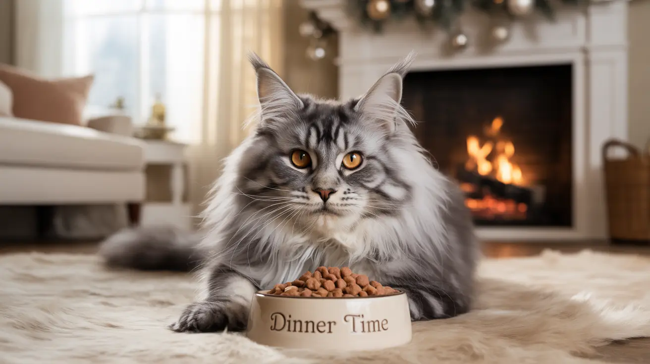 A majestic long-haired Maine Coon cat sitting near a bowl of dry food by a cozy fireplace