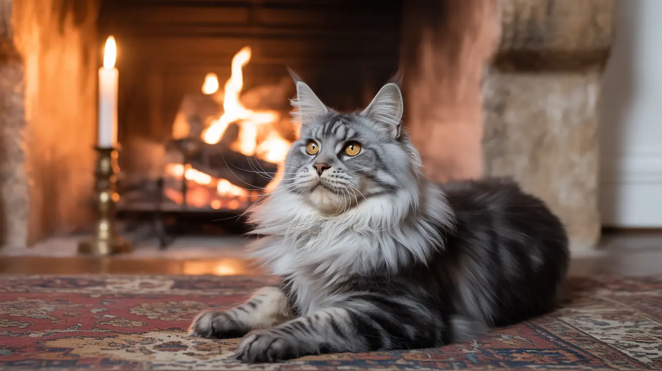 Majestic Maine Coon cat sitting regally on a patterned rug in front of a warm glowing fireplace