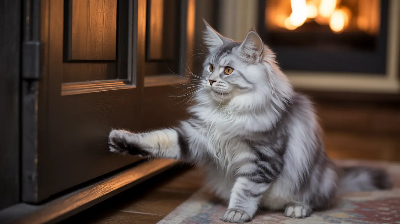 Un gato Maine Coon plateado y blanco esponjoso sentado junto a una chimenea con una pata extendida hacia una puerta de madera