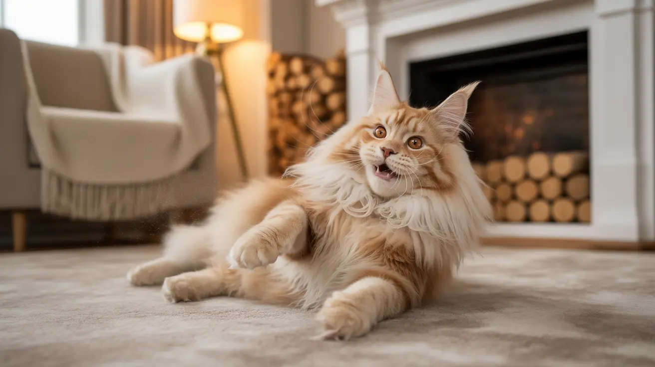 A fluffy cream-colored Maine Coon cat sitting on a carpet with a playful expression near a fireplace