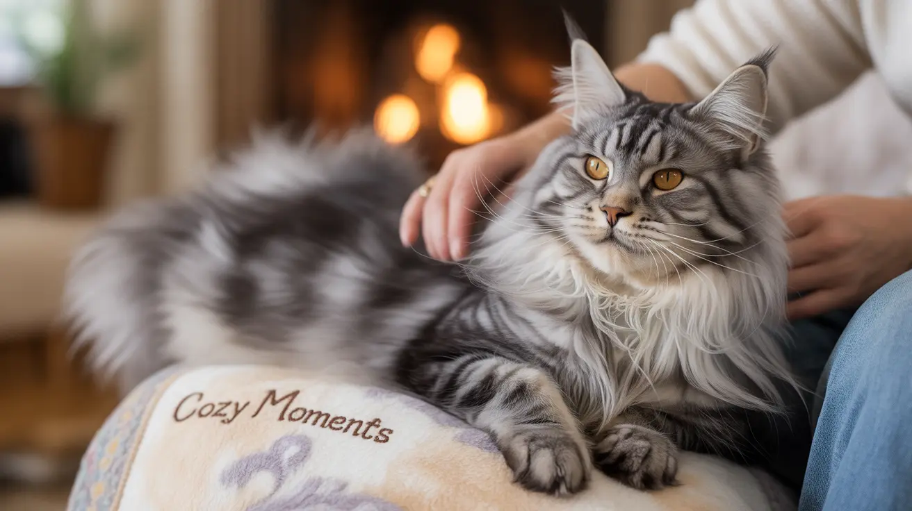 A fluffy gray and white Maine Coon cat relaxing by a warm fireplace