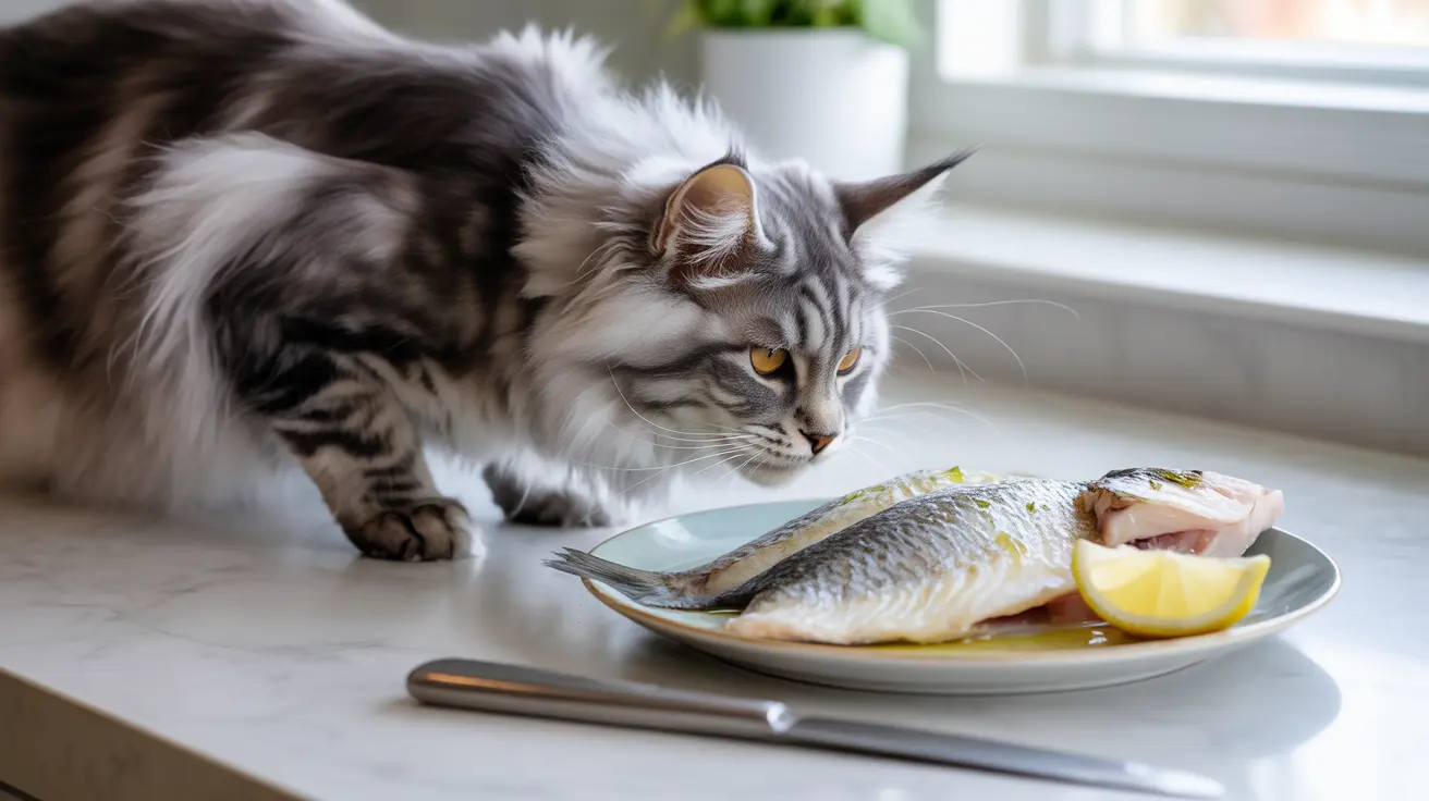 A Maine Coon cat intently examining a plate of fresh fish near a bright window