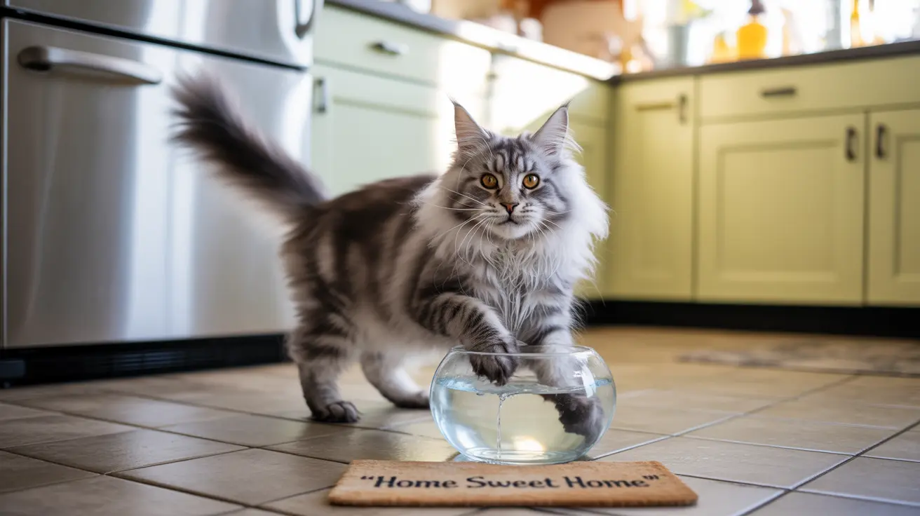 A fluffy Maine Coon cat standing with one paw on the edge of a round glass fishbowl in a bright kitchen