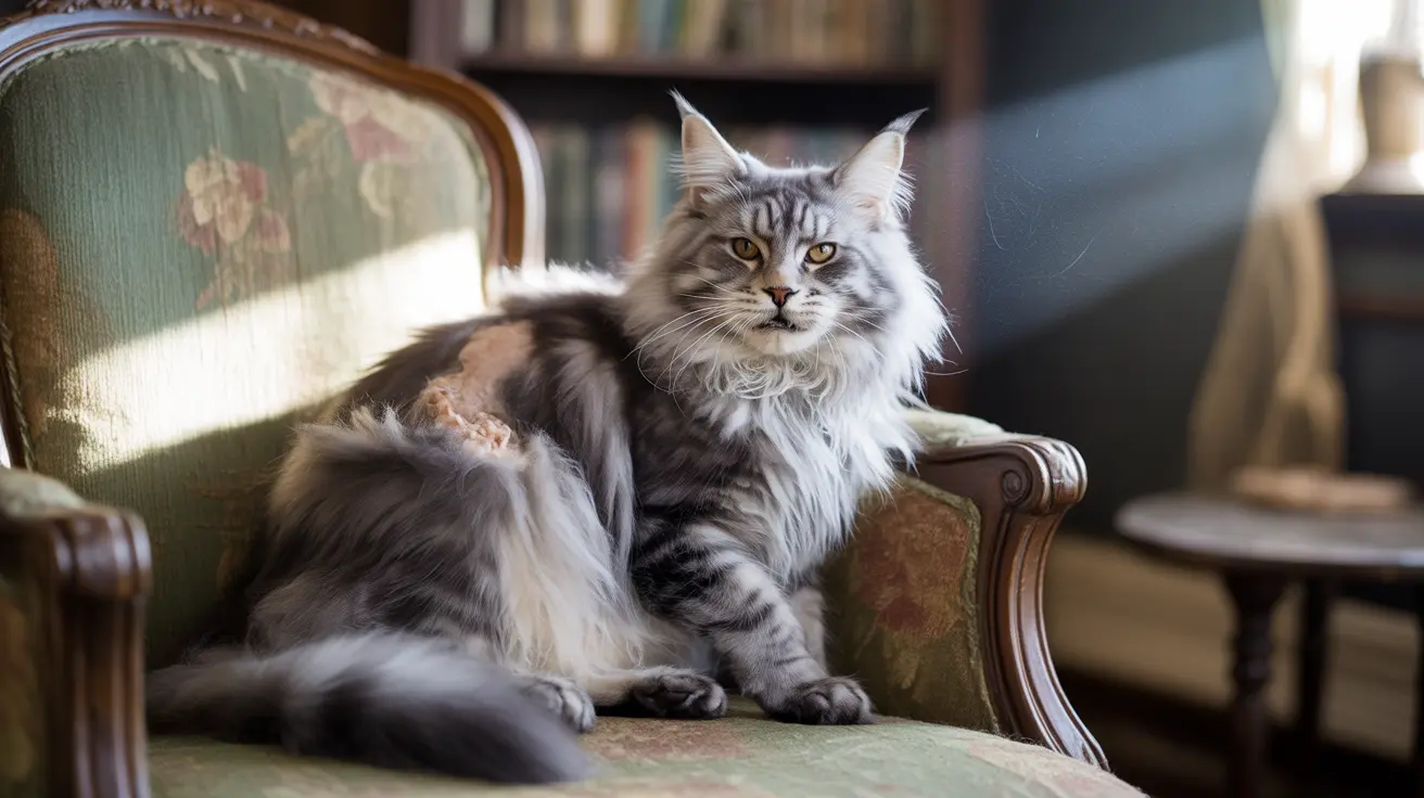 Un majestuoso gato Maine Coon sentado rígidamente en un sillón antiguo tapizado con flores
