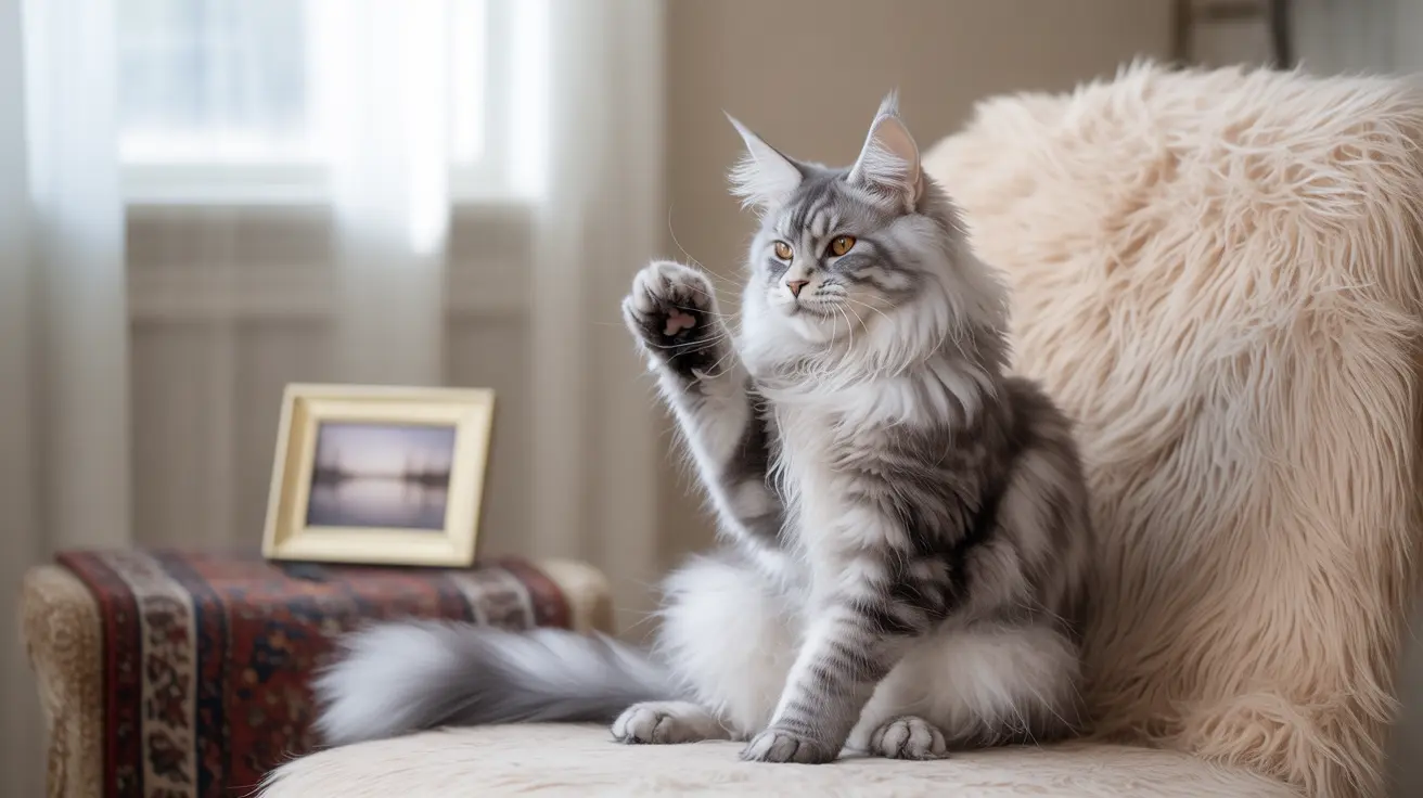 A majestic Maine Coon cat sitting on a fluffy chair, raising one paw