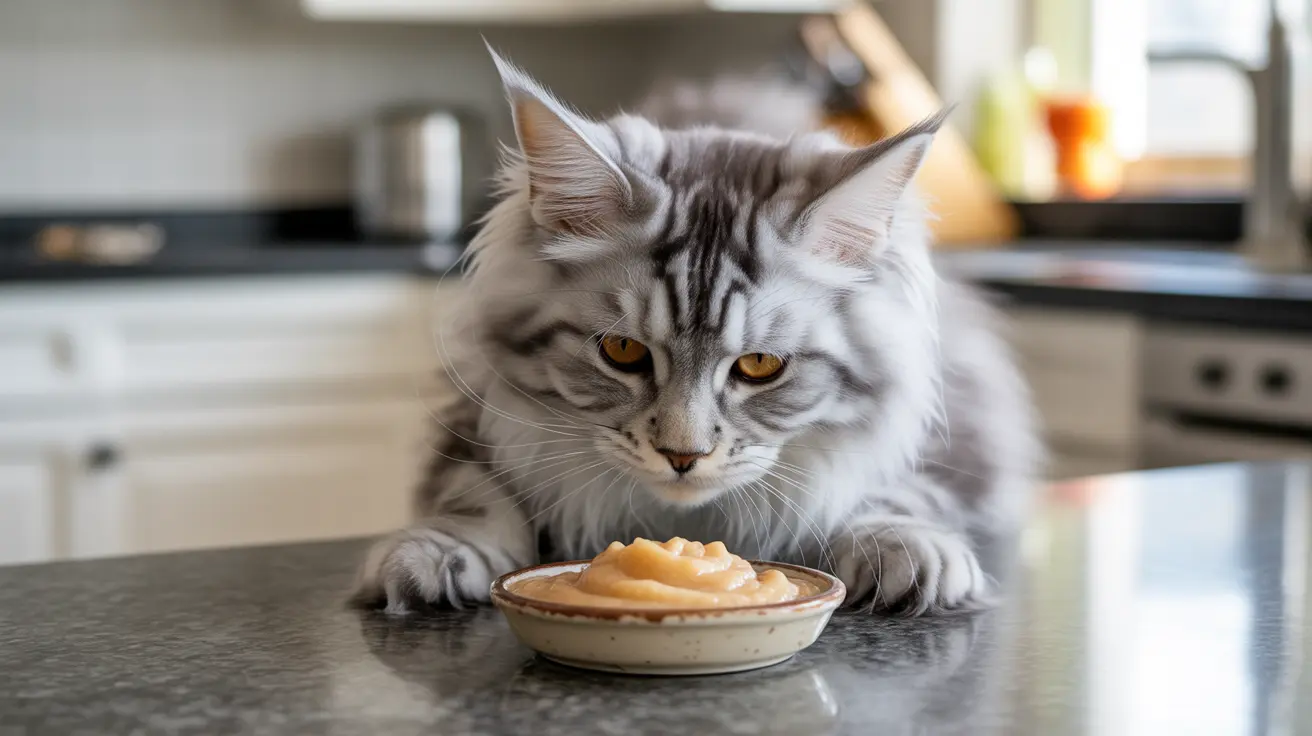 A silver tabby Maine Coon cat focused on a bowl of food in a kitchen setting