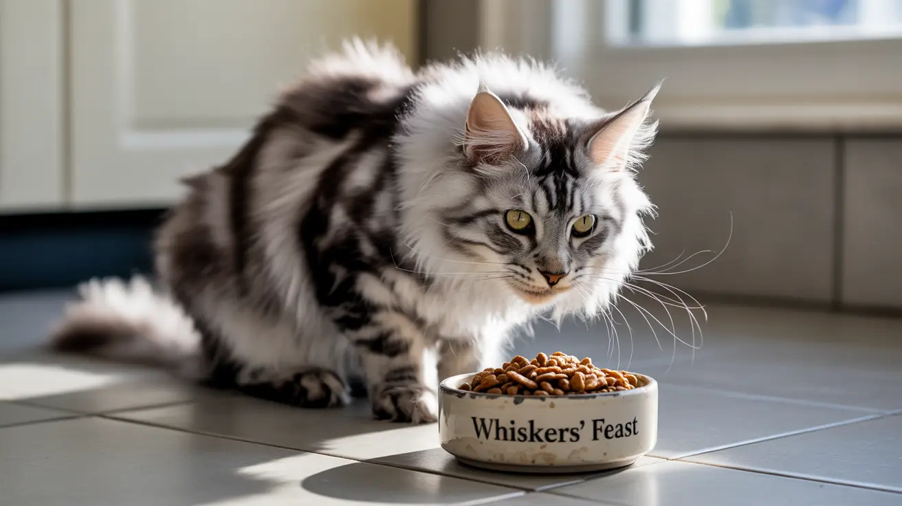 A fluffy black and white Maine Coon cat sitting next to a food bowl filled with dry cat food