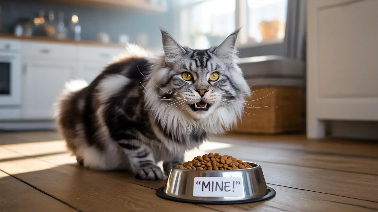 Large fluffy Maine Coon cat sitting next to a food bowl with a playful open-mouthed expression