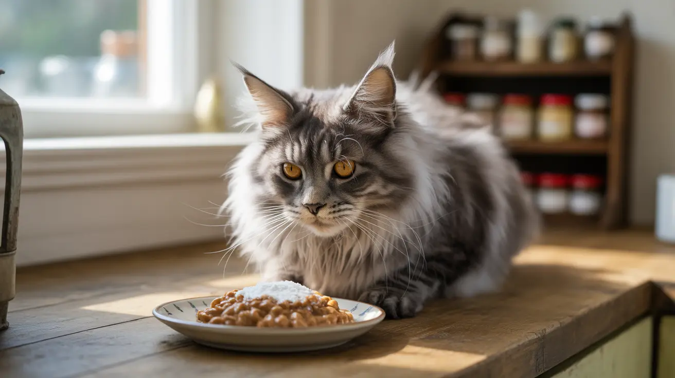 大きくてふわふわしたメインクーンの猫が、日差しの差し込む窓のそばで、お皿の食べ物の隣に座っている様子