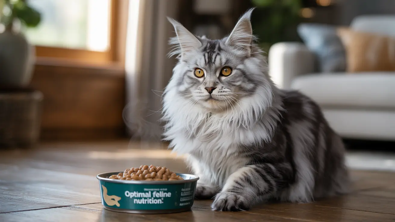 A majestic Maine Coon cat sitting beside a bowl of cat food with intense yellow eyes
