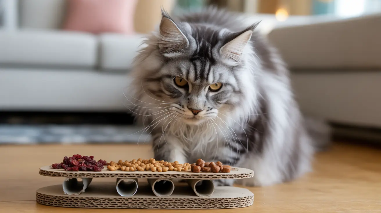 Maine Coon cat sitting next to a cardboard platform with nuts and dried fruits on a wooden floor