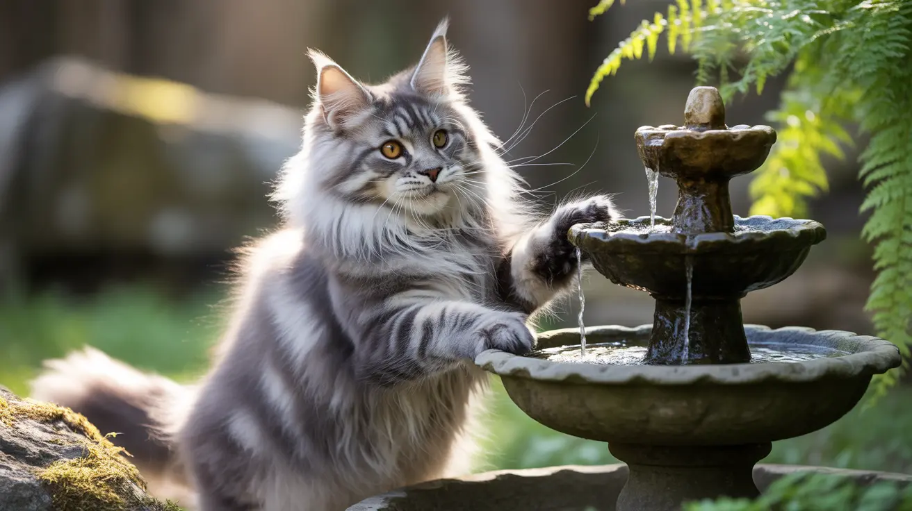 A fluffy Maine Coon cat sitting near a stone water fountain in a lush garden
