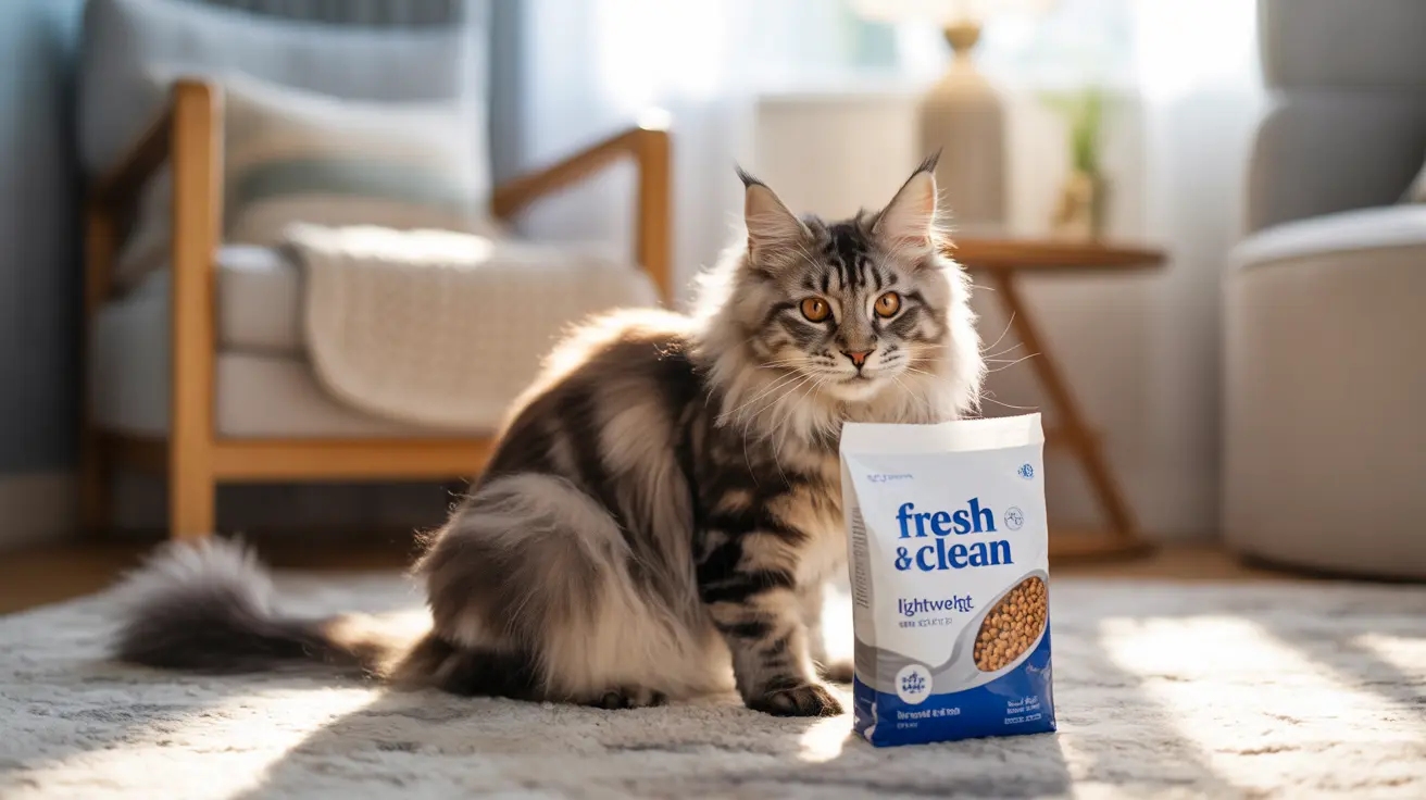 Un majestuoso gato Maine Coon sentado junto a una bolsa de alimento para gatos Fresh & Clean ligero