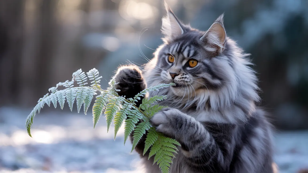 A majestic Maine Coon cat interacting with a frosty fern in a wintry outdoor setting