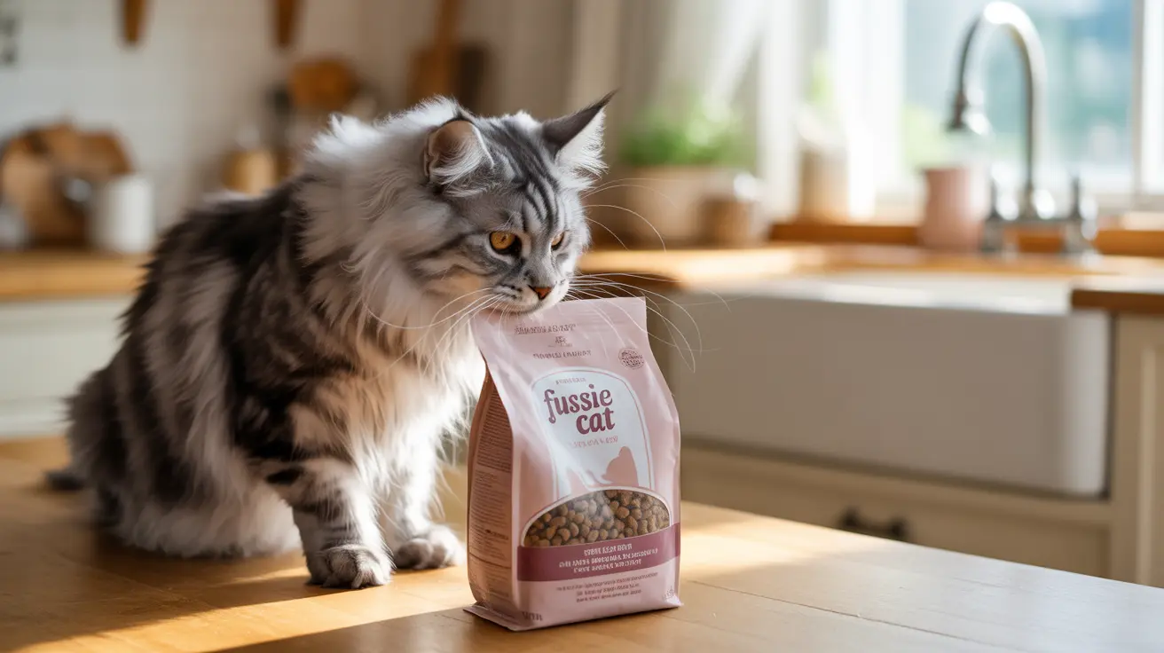 A fluffy gray and white Maine Coon cat sitting next to a bag of Fussie Cat food on a kitchen counter