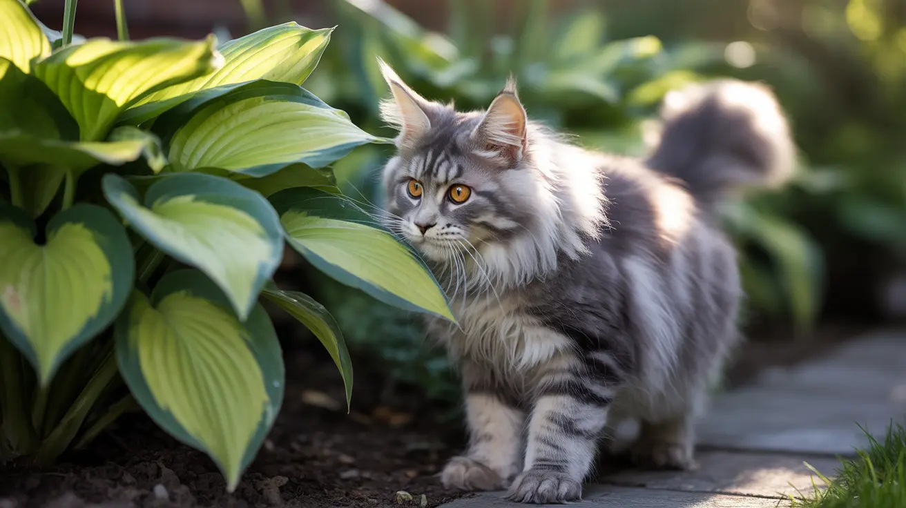 A fluffy gray and white Maine Coon cat sitting near large green hosta leaves in a garden setting