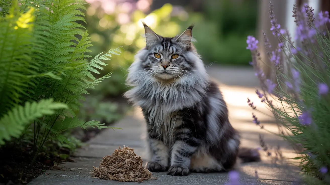 Majestic Maine Coon cat sitting on a garden path surrounded by lush greenery and lavender