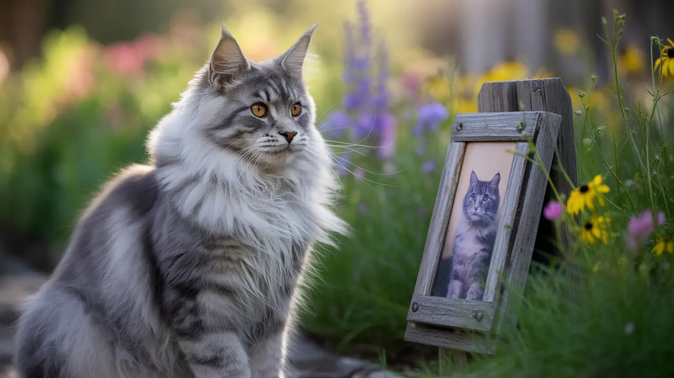 Maine Coon cat sitting beside a wooden memorial frame with a photo of another cat in a garden
