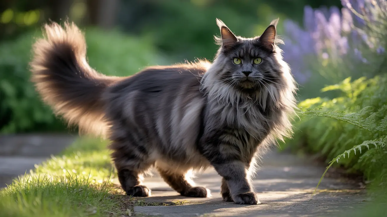 A majestic Maine Coon cat on a garden path with greenery and sunlight