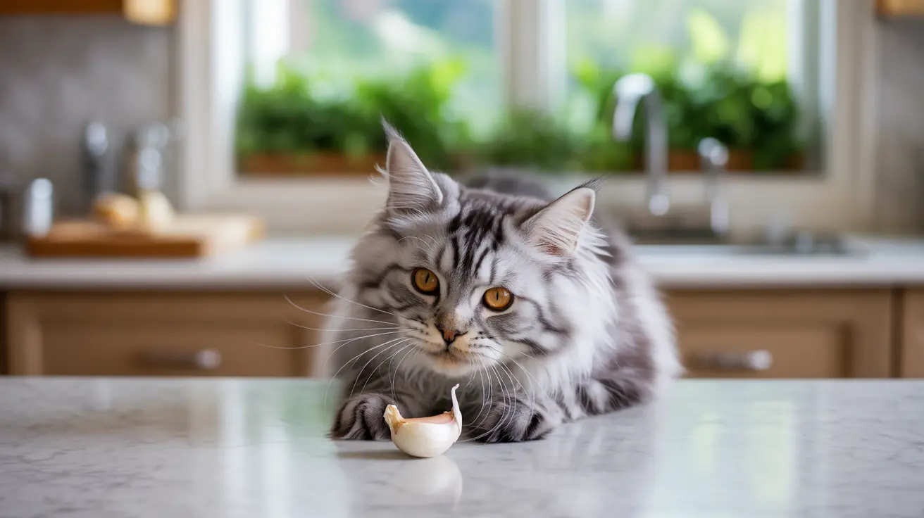 A fluffy gray and white Maine Coon cat sitting on a kitchen countertop next to a clove of garlic