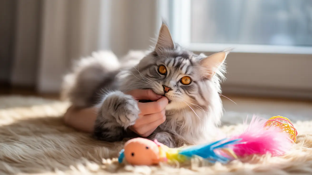 A fluffy Maine Coon cat gently biting a hand surrounded by colorful cat toys