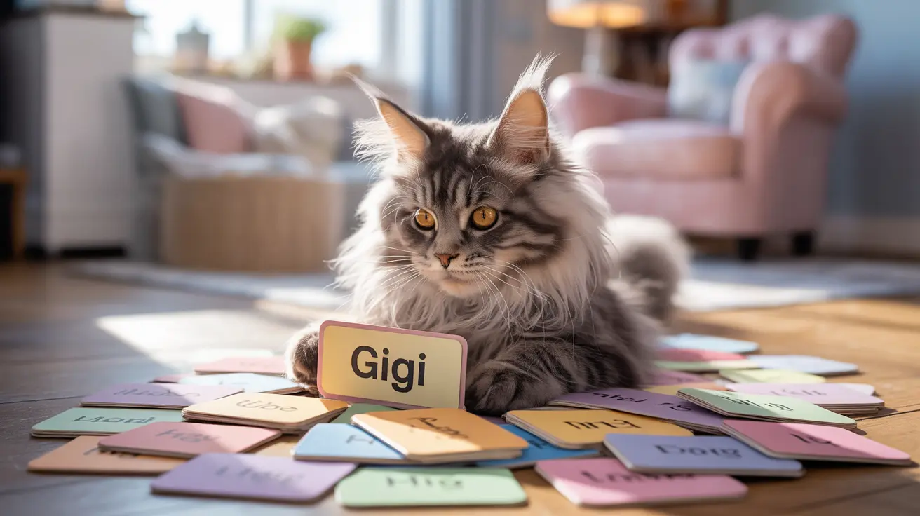 A fluffy Maine Coon cat with name cards, 'Gigi' in front
