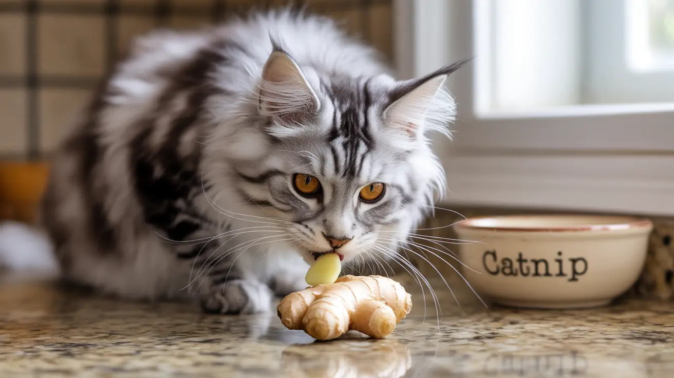 Silver and white Maine Coon cat investigating a piece of ginger near a catnip bowl
