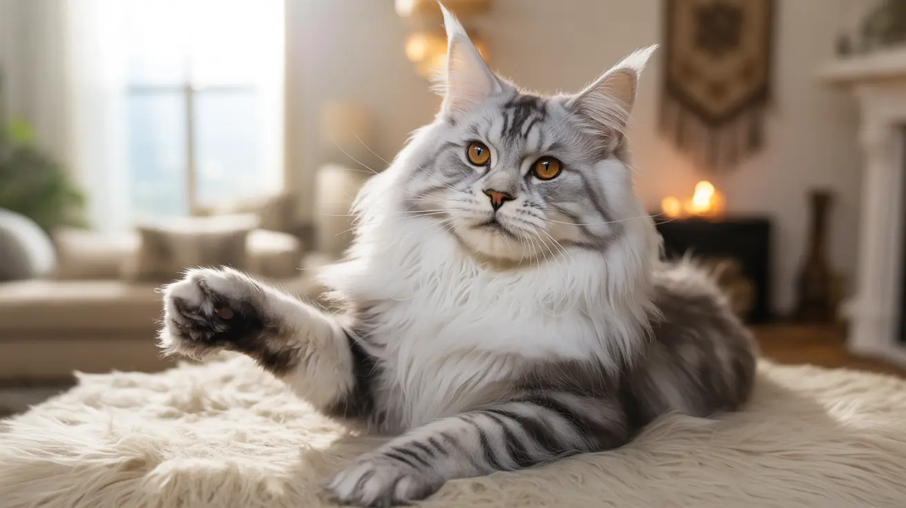 A majestic white and gray Maine Coon cat with striking golden eyes sitting on a soft furry rug