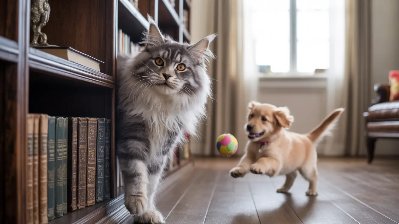 A Maine Coon cat and a Golden Retriever puppy playing together indoors near a bookshelf