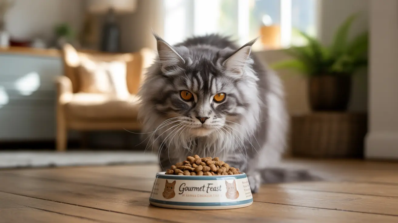 Um gato Maine Coon cinza e fofo sentado perto de uma tigela cheia de comida para gatos Gourmet Feast