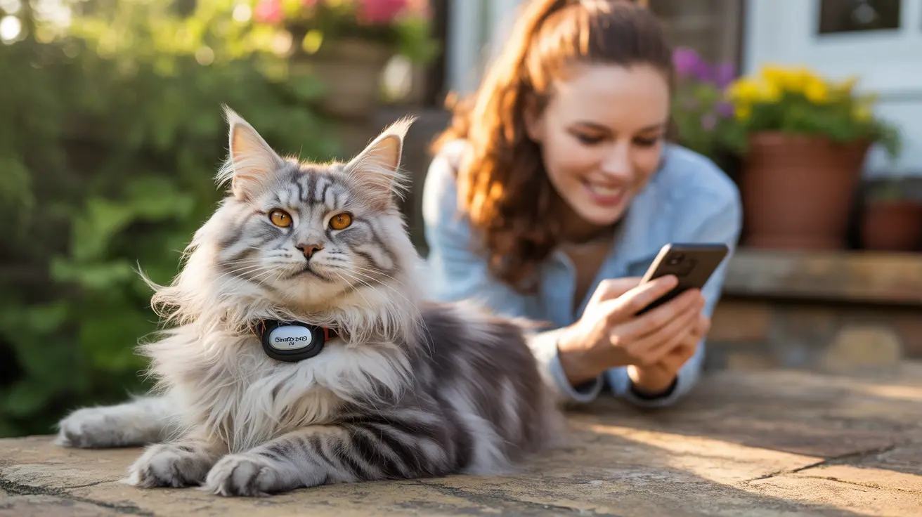 A majestic long-haired Maine Coon cat wearing a digital tracker collar sitting on a stone patio with a person using a smartphone in the background