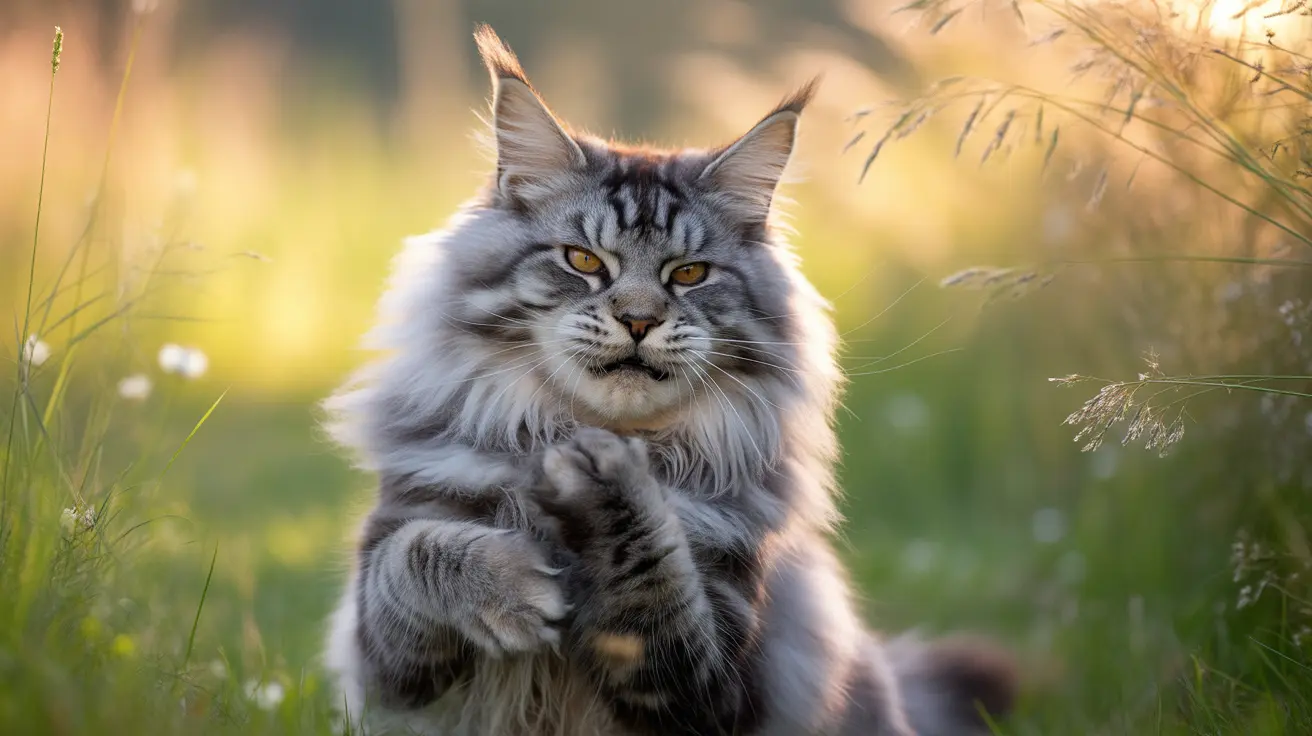 Maine Coon cat sitting calmly in tall grass with warm golden sunlight
