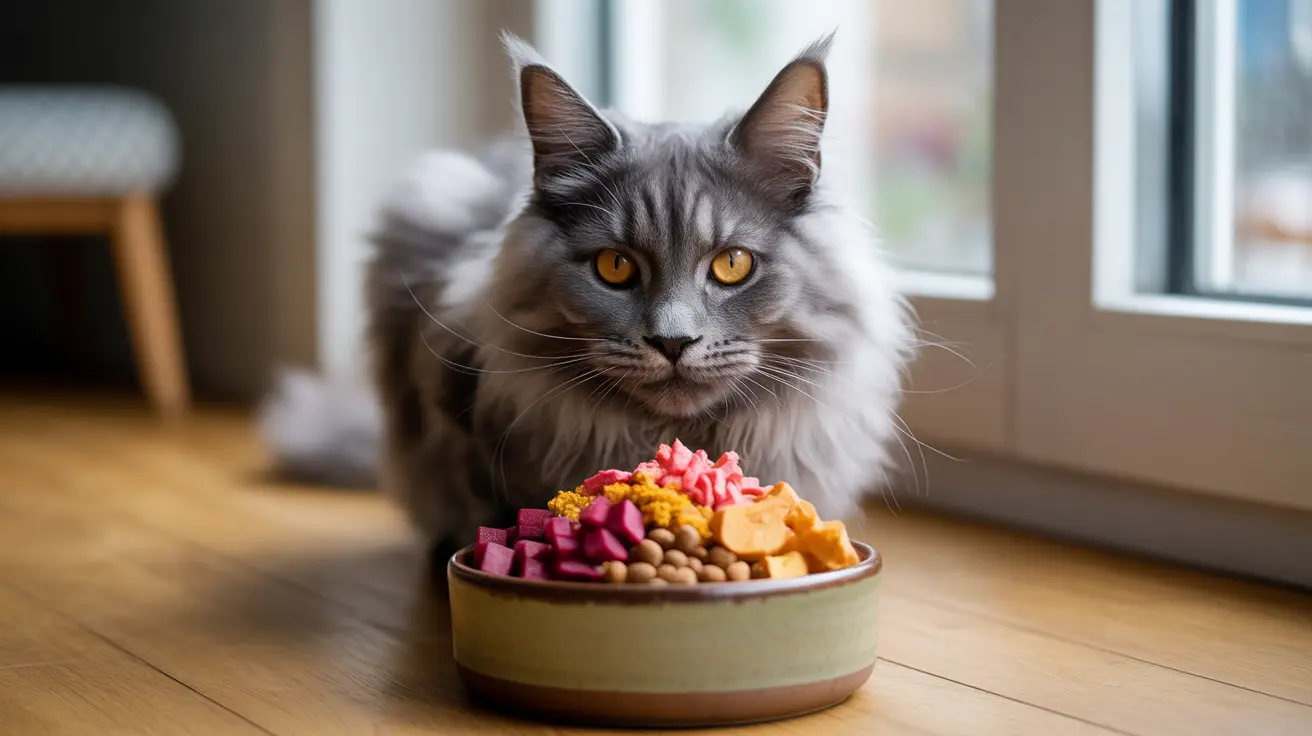 Un majestueux chat Maine Coon gris assis à côté d'un bol coloré de nourriture