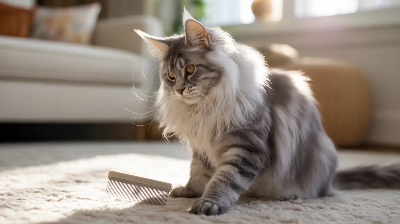A fluffy gray and white Maine Coon cat sitting on a beige carpet near a grooming comb